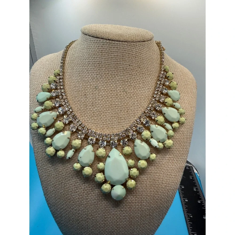 Mint Green Yellow Statement Bib Necklace Gold Tone Rhinestone Crystal Chunky